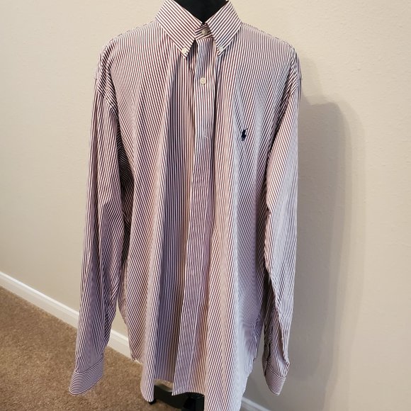 Ralph Lauren classic fit long sleeves brown/white custom fit-striped men shirt. - Picture 9 of 15